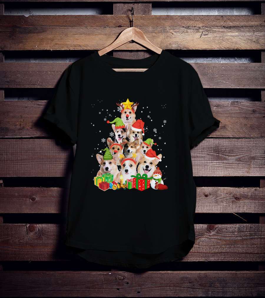 Corgi Christmas Tree With Snowflakes And Holiday Hats T-Shirt
