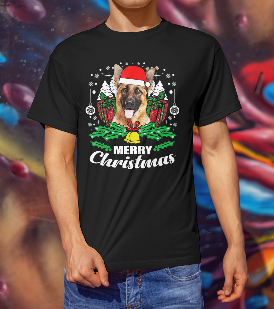German Shepherd Merry Christmas Santa Hat Festive Holiday Dog Love T-Shirt