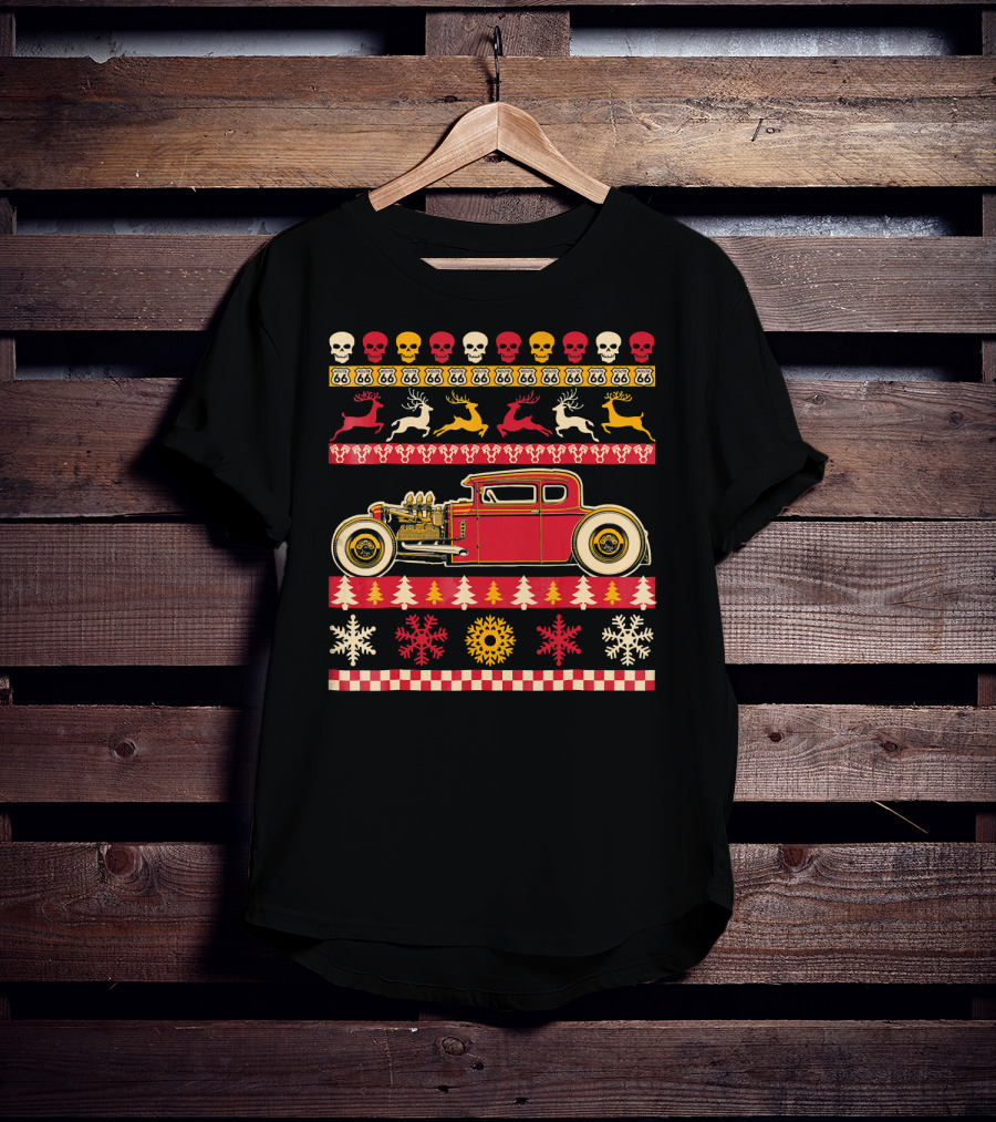 Rat Rod Christmas Party Skull Route 66 Reindeer Snowflakes Checkerboard T-Shirt