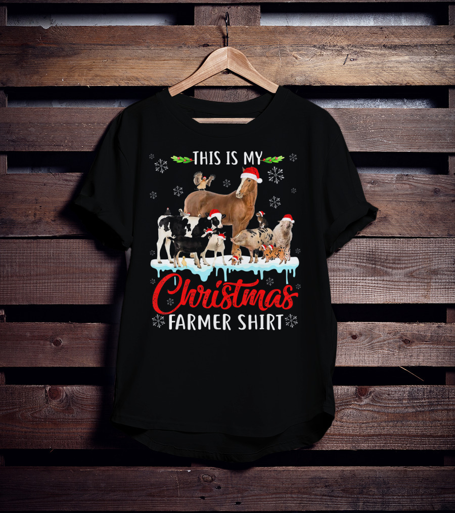This Is My Christmas Farmer Shirt Santa Hat Animals Snowflakes T-Shirt