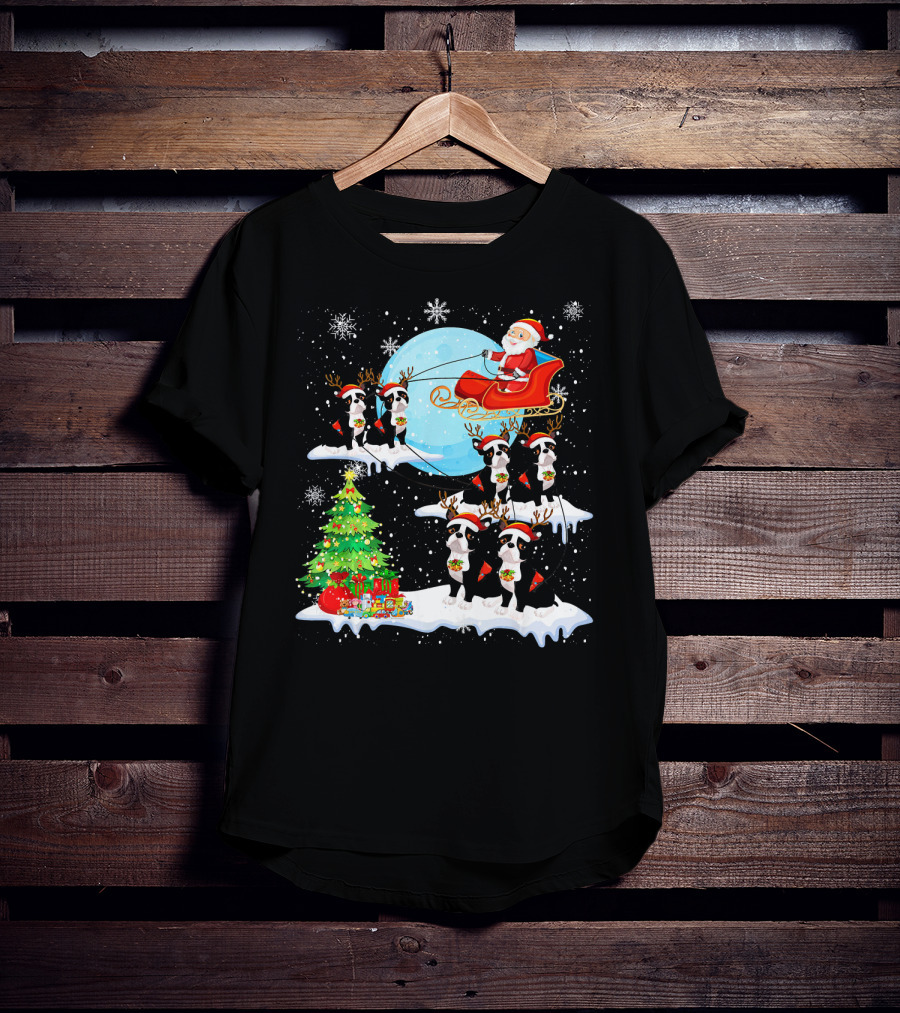 Santa Sleigh With Boston Terrier Reindeer And Christmas Tree T-Shirt