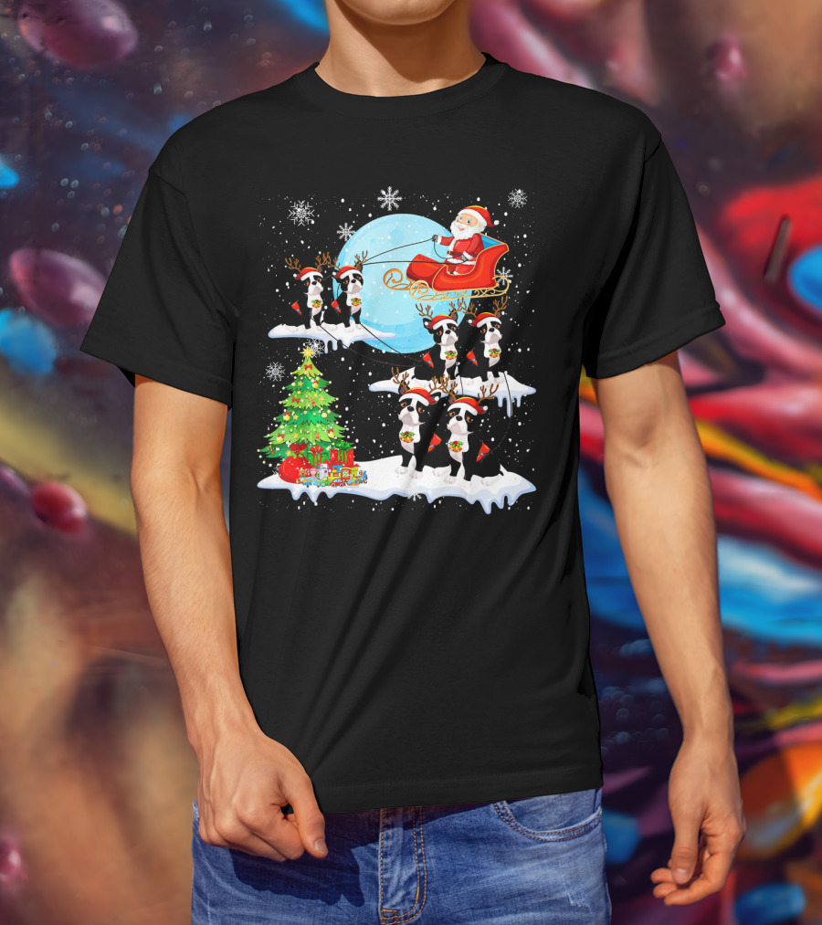 Santa Sleigh With Boston Terrier Reindeer And Christmas Tree T-Shirt
