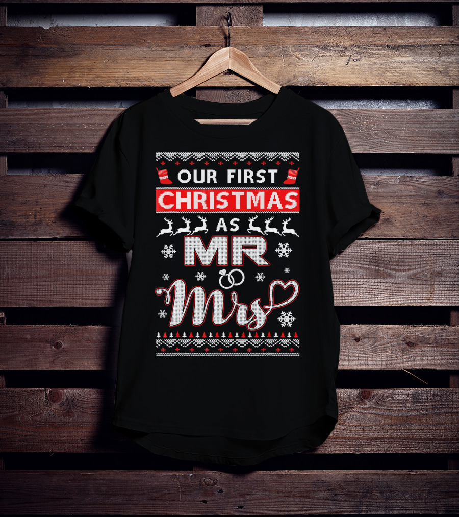 Our First Christmas As Mr And Mrs Festive Reindeer Snowflakes T-Shirt