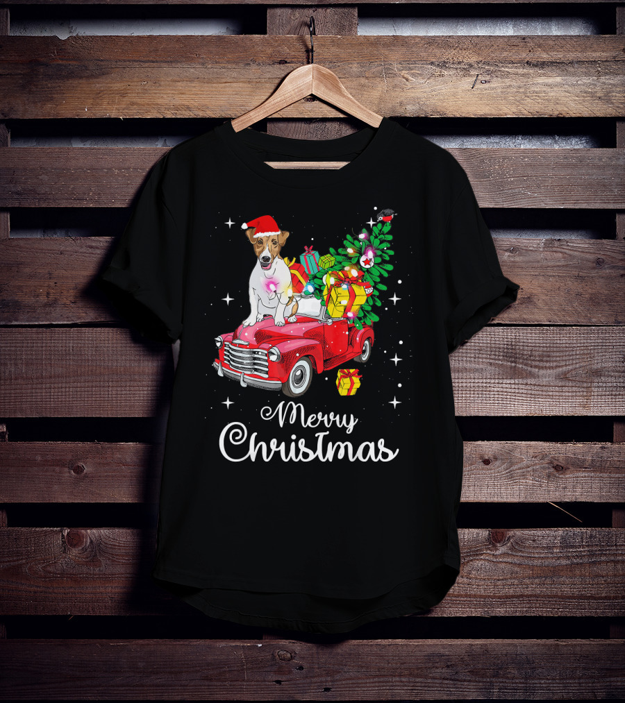 Merry Christmas Jack Russell Terrier Riding Red Truck With Gifts And Santa Hat T-Shirt