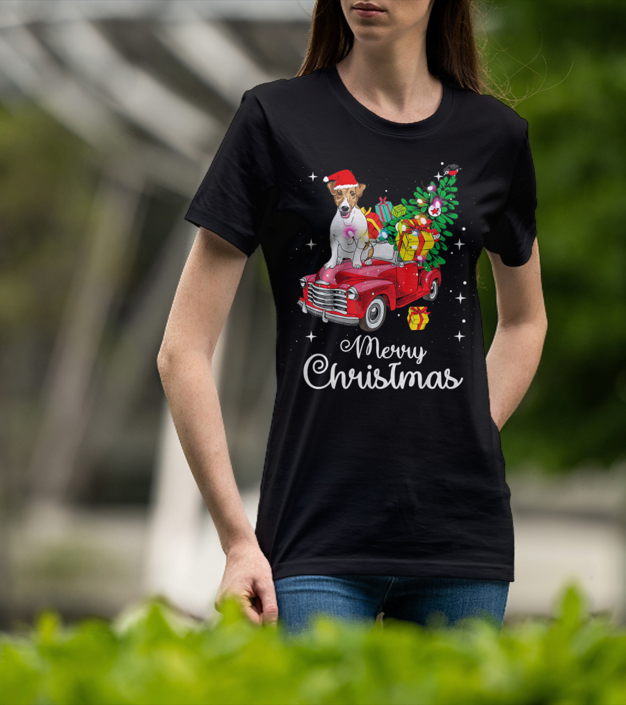 Merry Christmas Jack Russell Terrier Riding Red Truck With Gifts And Santa Hat T-Shirt