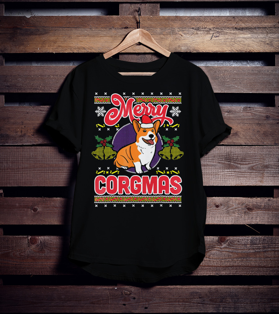 Merry Corgmas Ugly Christmas Corgi Dog Santa Hat Snowflakes Holiday T-Shirt
