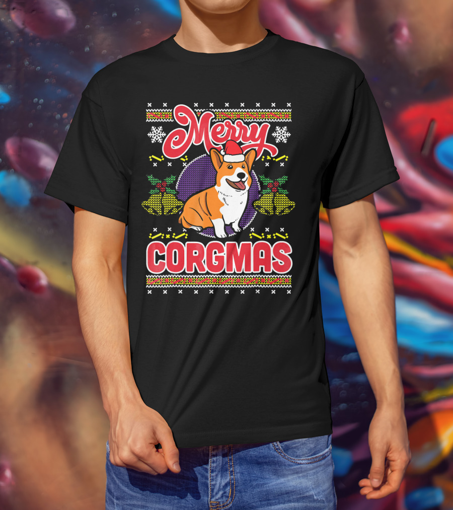 Merry Corgmas Ugly Christmas Corgi Dog Santa Hat Snowflakes Holiday T-Shirt