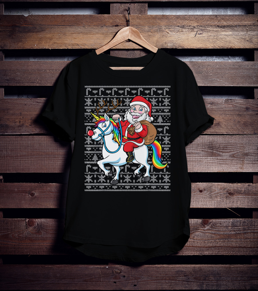 Santa Riding Reindeer-Antlered Rainbow Unicorn On Christmas T-Shirt
