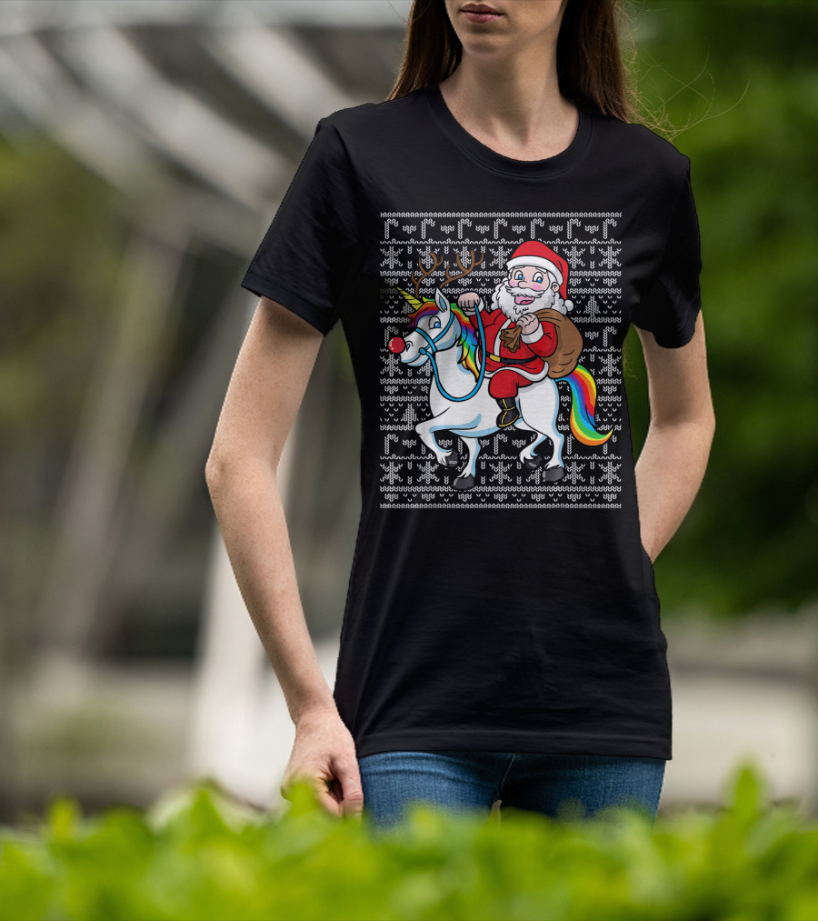 Santa Riding Reindeer-Antlered Rainbow Unicorn On Christmas T-Shirt