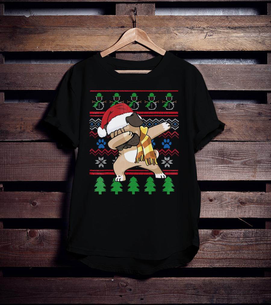 Pug Dabbing Santa Hat Christmas Snowman Tree Pattern UglyStyle T-Shirt