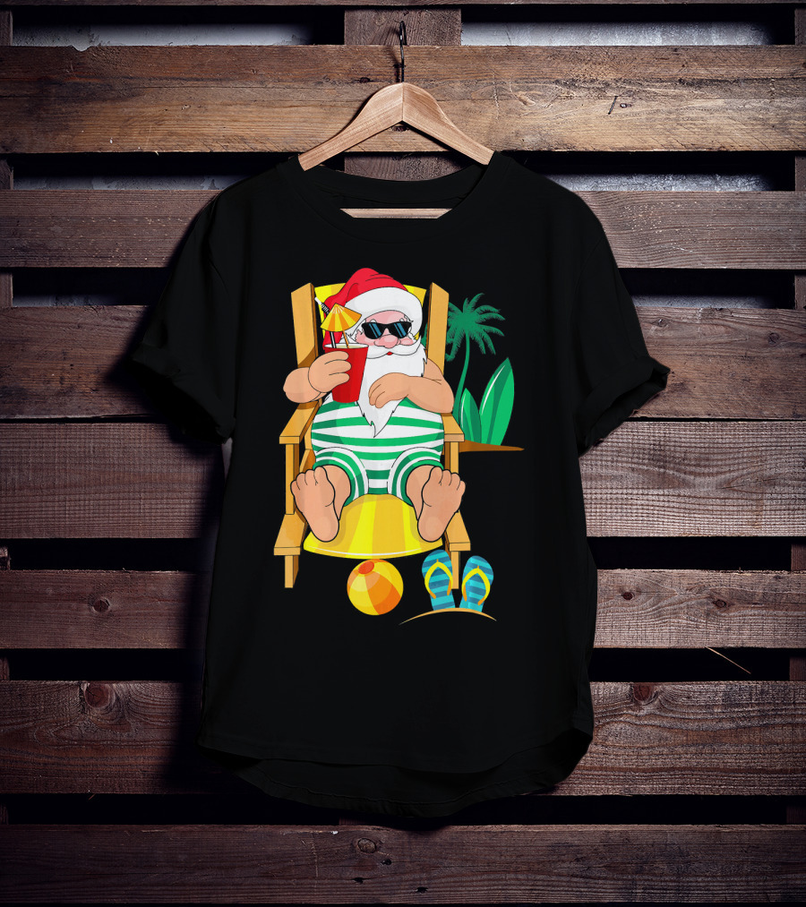 Christmas In July Santa Relaxing On Beach Chair With Cocktail And Palm Tree T-Shirt