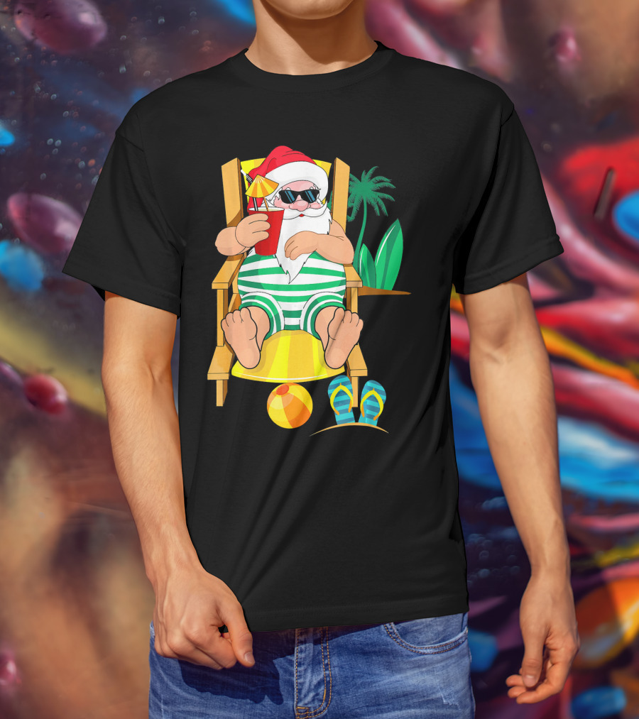 Christmas In July Santa Relaxing On Beach Chair With Cocktail And Palm Tree T-Shirt