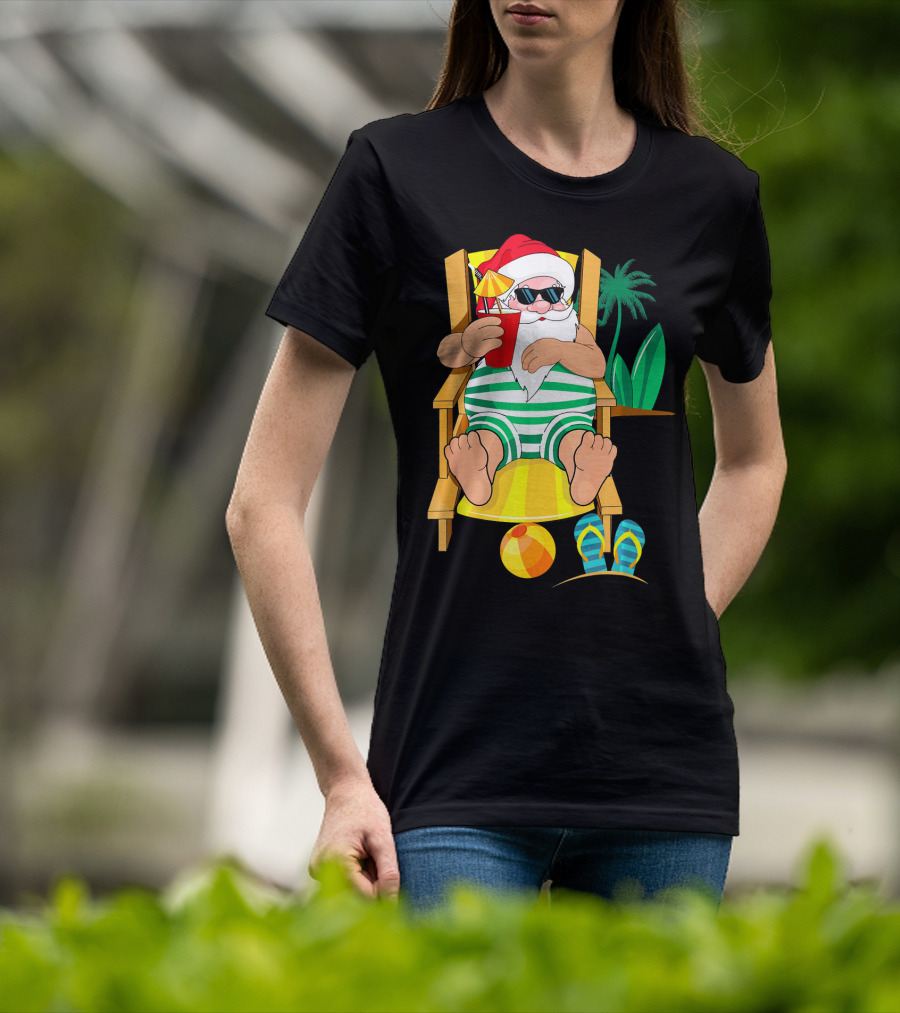 Christmas In July Santa Relaxing On Beach Chair With Cocktail And Palm Tree T-Shirt