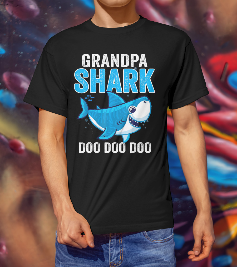 Grandpa Shark Doo Doo Doo Bright Blue Cartoon Shark T-Shirt