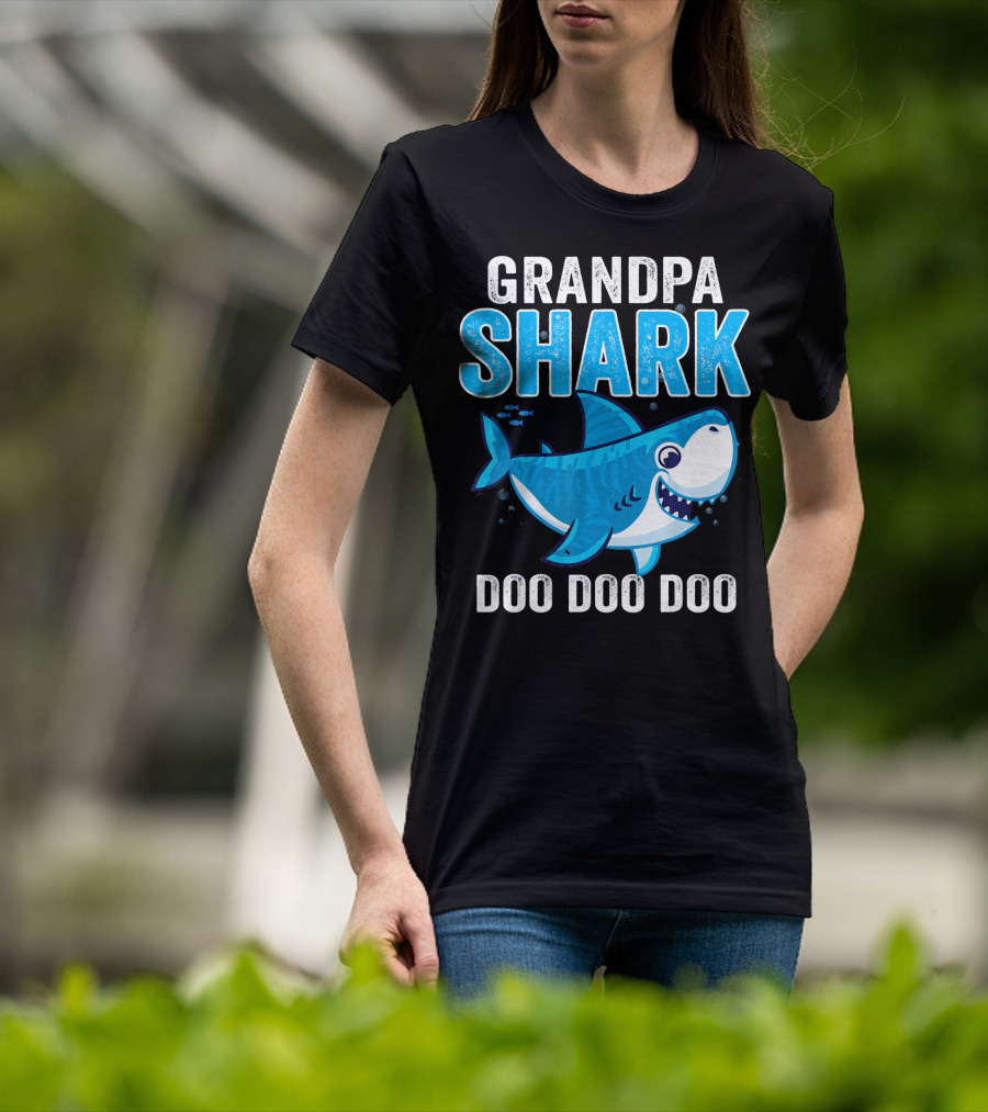Grandpa Shark Doo Doo Doo Bright Blue Cartoon Shark T-Shirt