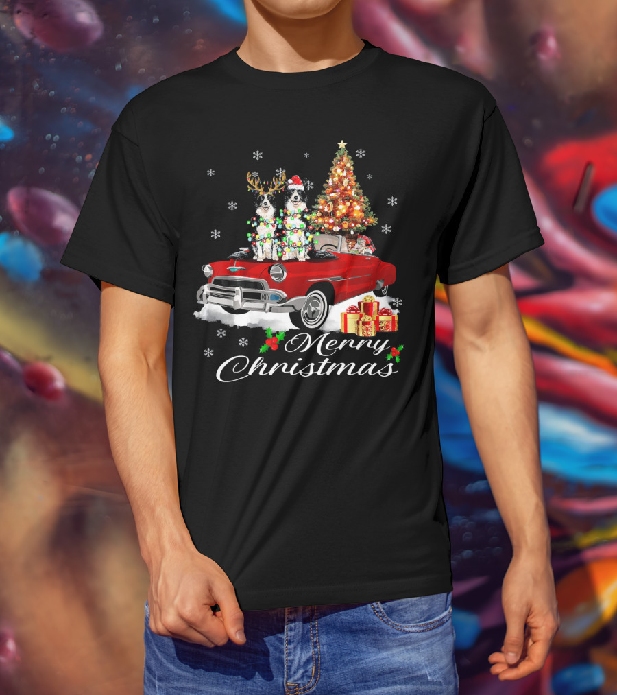 Merry Christmas Border Collie On Red Holiday Truck With Gifts And Tree T-Shirt