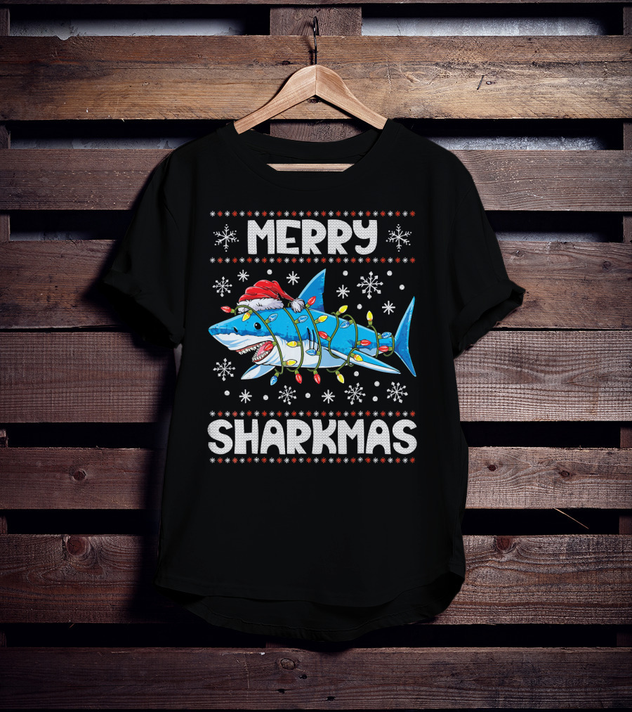 Merry Sharkmas Shark Santa With Lights And Snowflakes T-Shirt