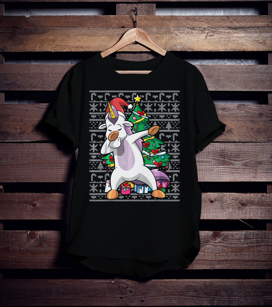 Unicorn Dabbing In Santa Hat By The Christmas Tree With Gifts T-Shirt
