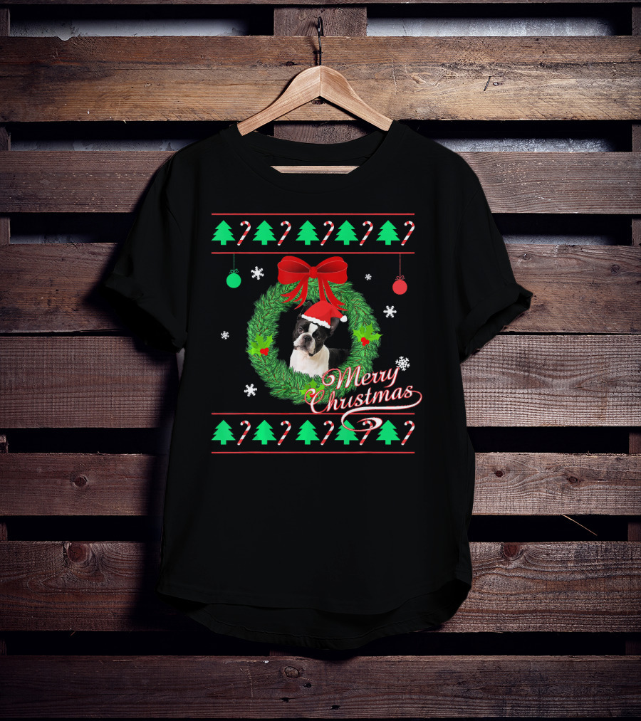 Merry Christmas Boston Terrier Wreath Candy Cane Trees T-Shirt