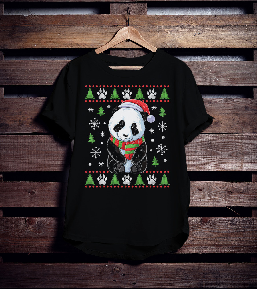 Panda Santa Ugly Christmas Sweater With Trees And Snowflakes T-Shirt
