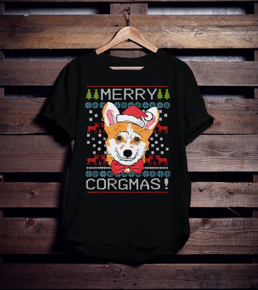 Merry Corgmas Christmas Corgi Santa Hat Festive Trees Bowtie Reindeer T-Shirt