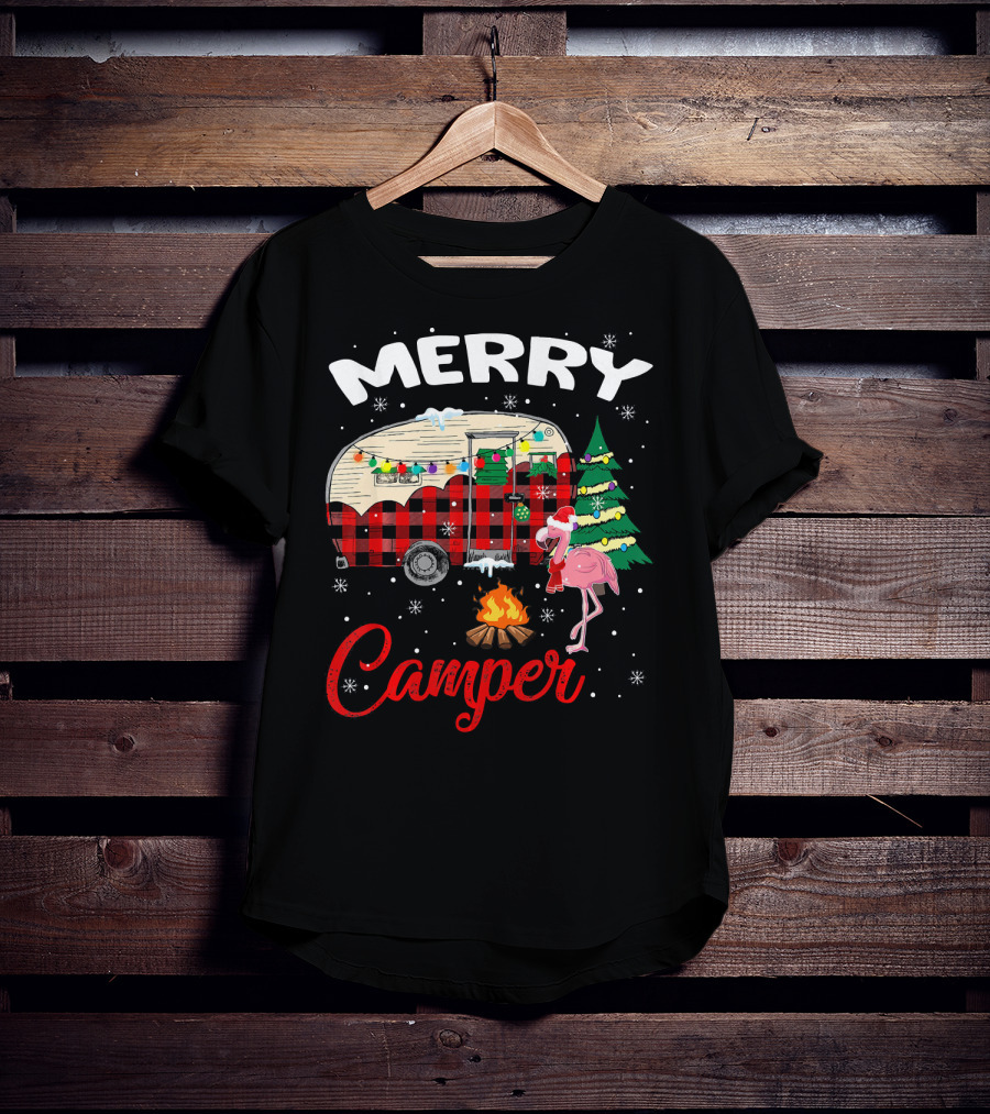 Merry Camper Christmas Camping Flamingo And Campfire Scene T-Shirt