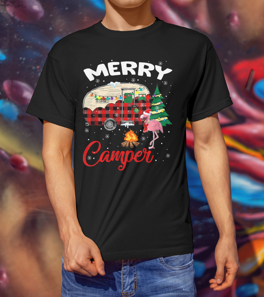Merry Camper Christmas Camping Flamingo And Campfire Scene T-Shirt