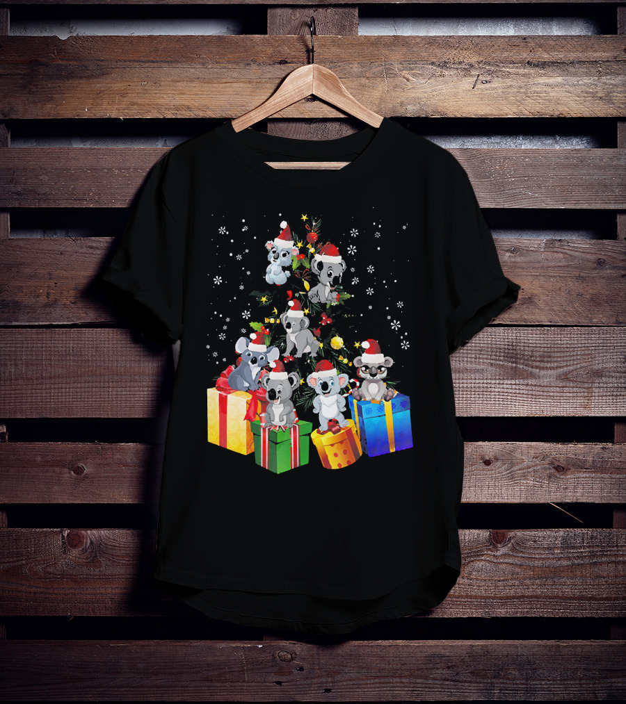 Christmas Koala With Santa Hats And Gifts On Snowy Pine Tree T-Shirt