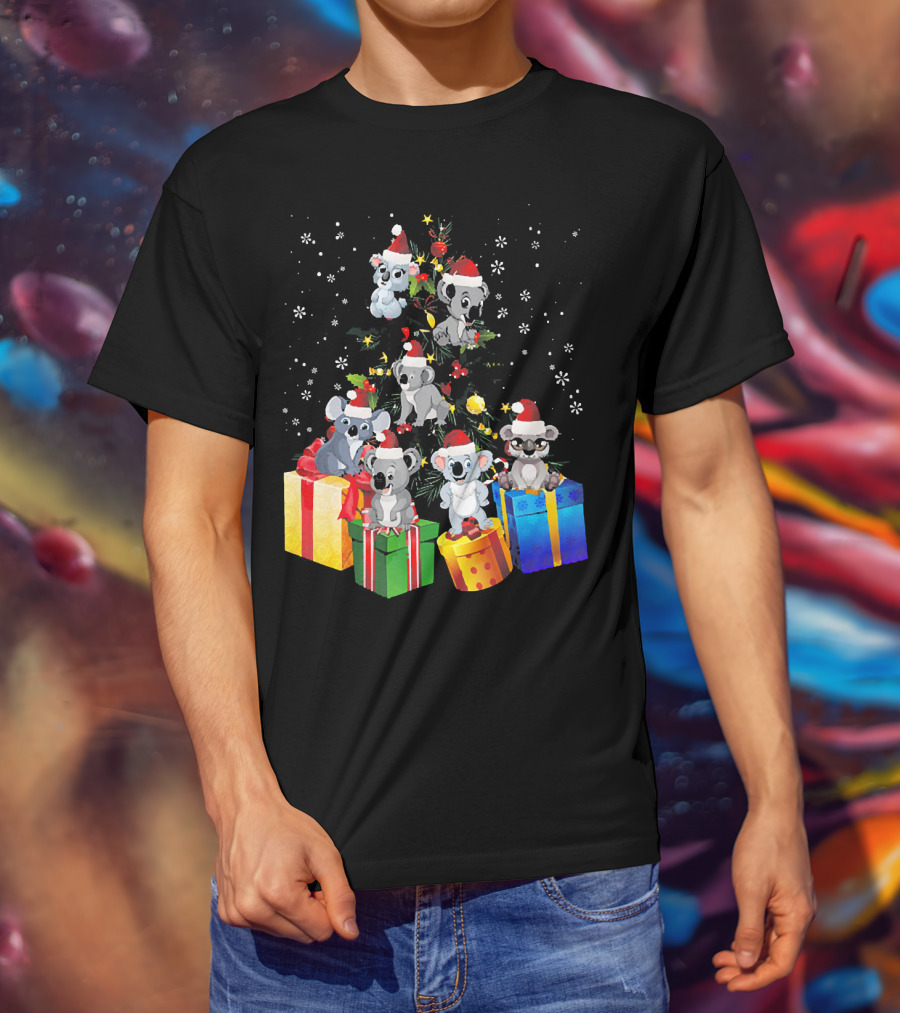 Christmas Koala With Santa Hats And Gifts On Snowy Pine Tree T-Shirt