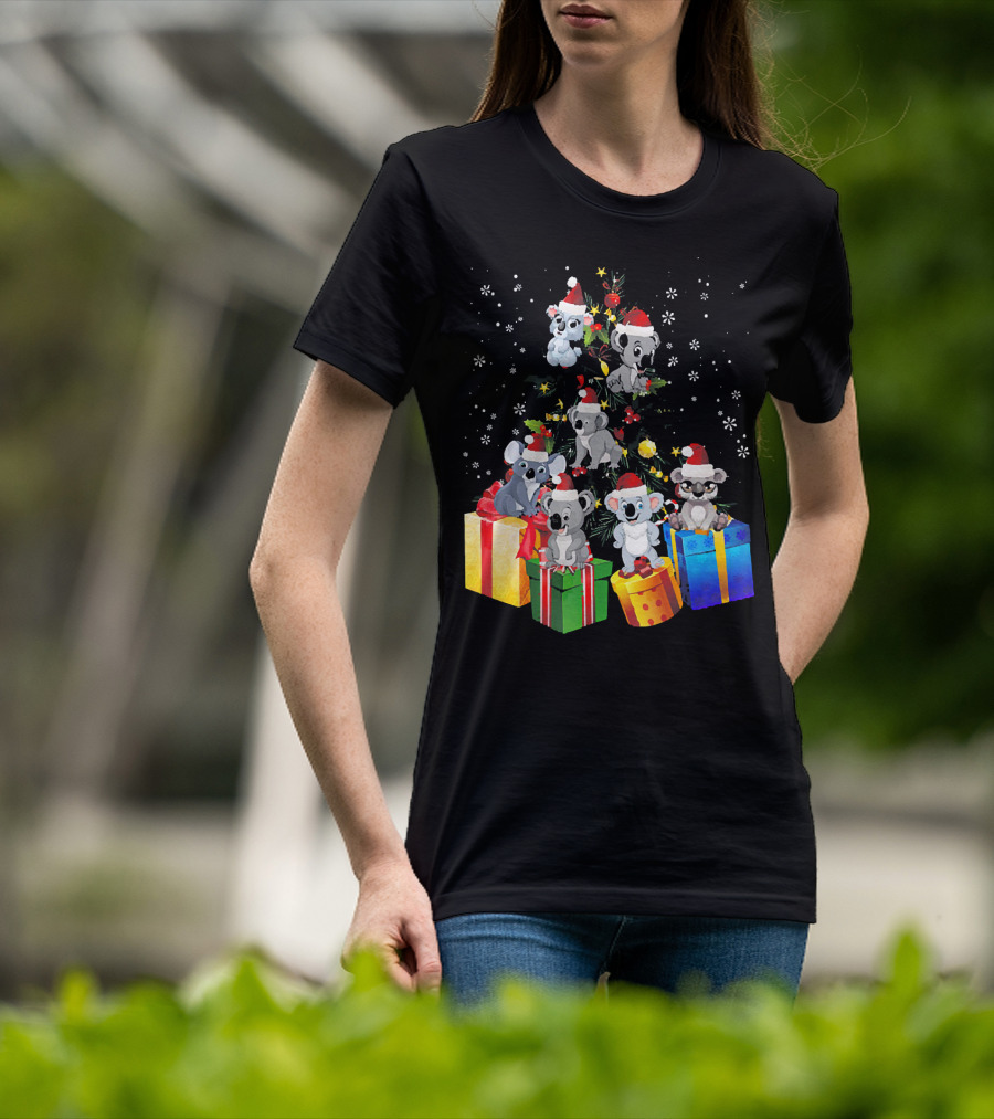 Christmas Koala With Santa Hats And Gifts On Snowy Pine Tree T-Shirt