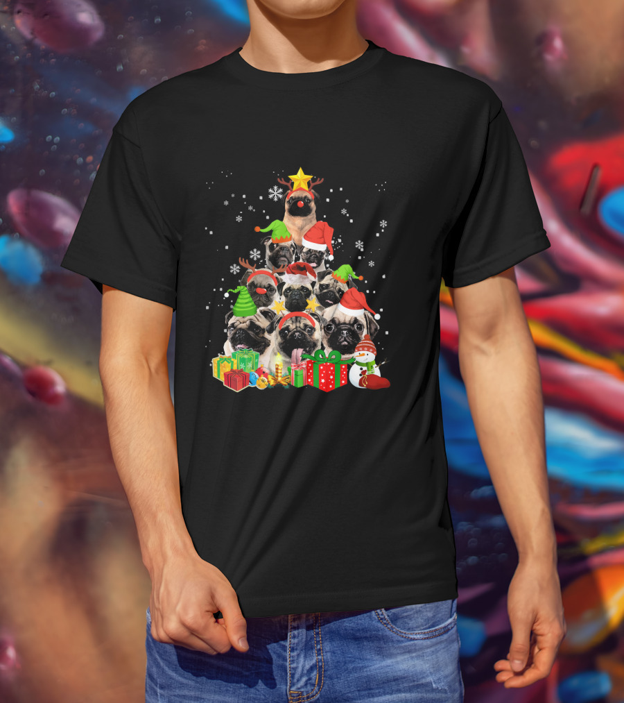 Funny Pug Christmas Tree Xmas With Santa Hats Snowflakes And Gifts T-Shirt
