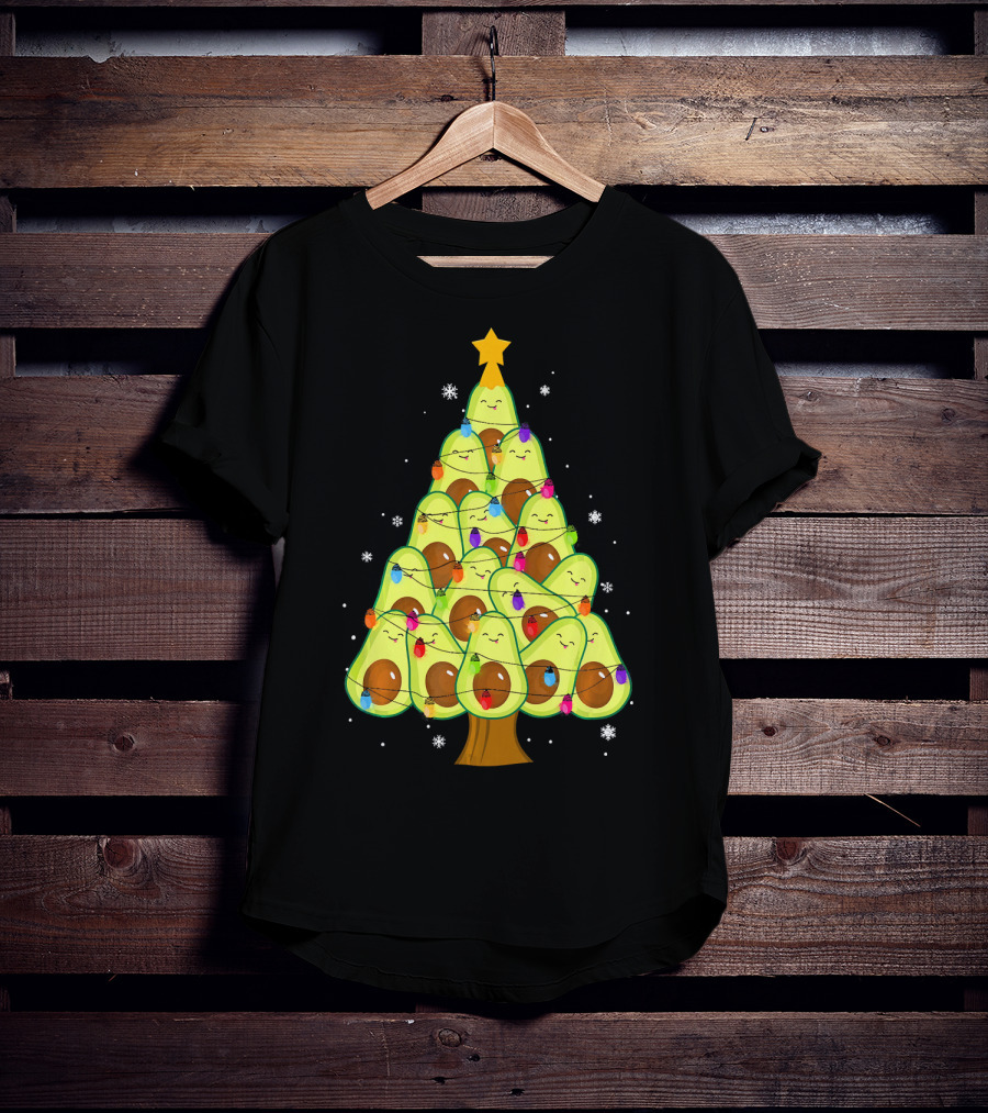 Avocado Christmas Tree With Colorful Lights Vegan Guac Green T-Shirt