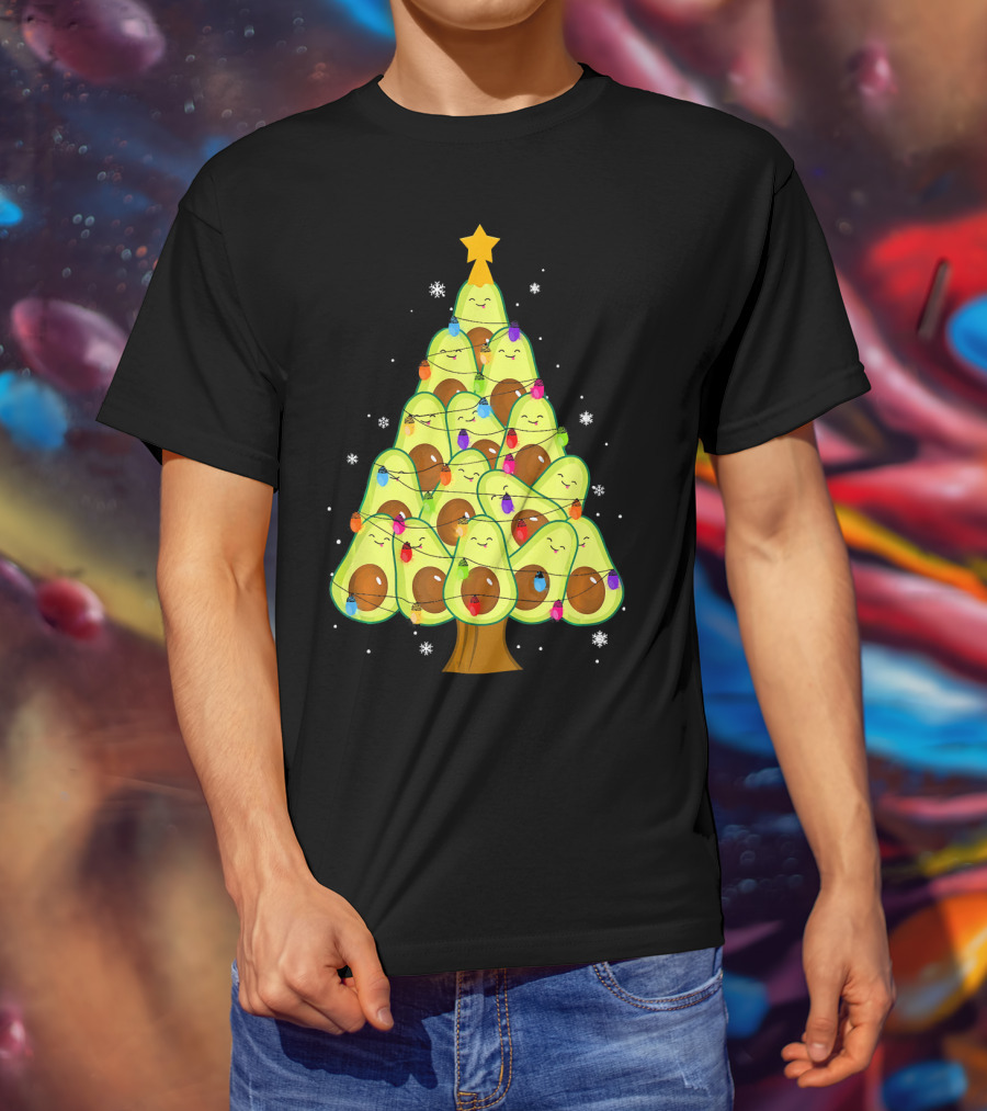 Avocado Christmas Tree With Colorful Lights Vegan Guac Green T-Shirt