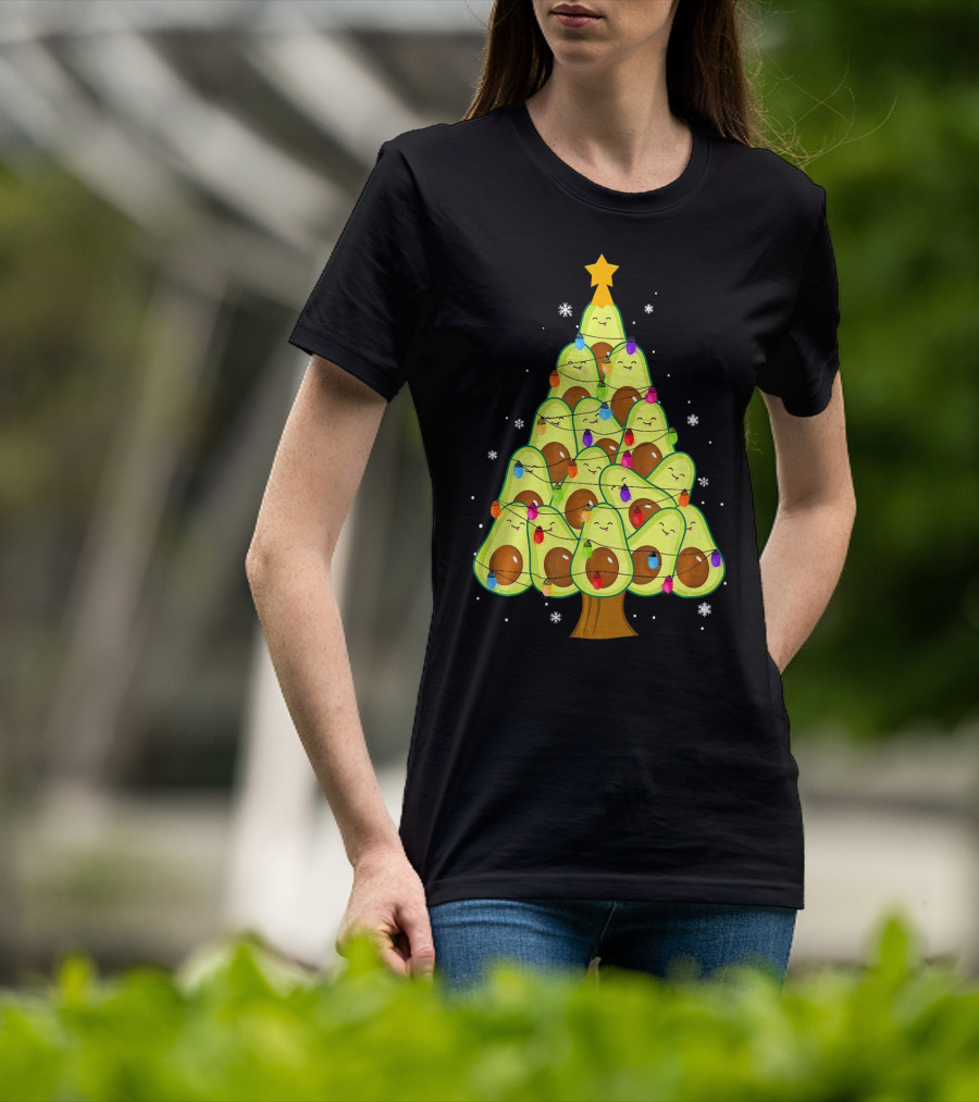 Avocado Christmas Tree With Colorful Lights Vegan Guac Green T-Shirt