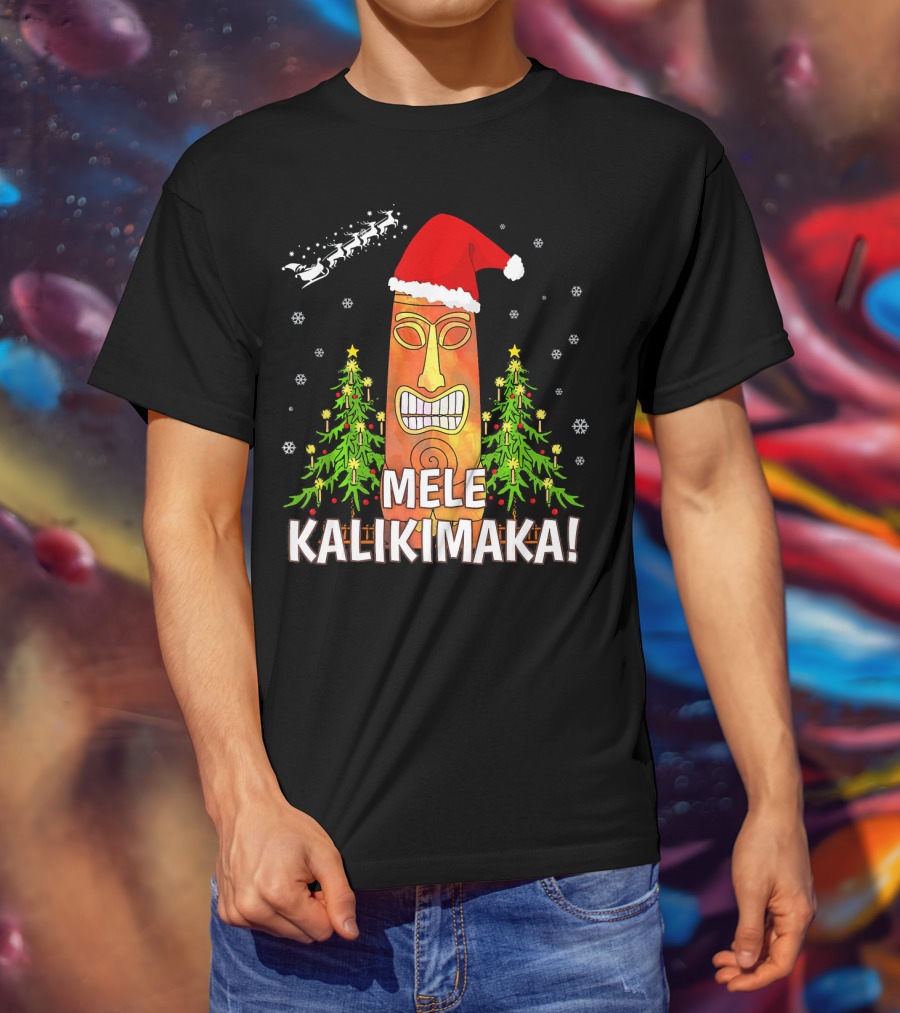 Mele Kalikimaka Santa Hat Tiki Christmas Trees Snowflakes Santa Sleigh T-Shirt