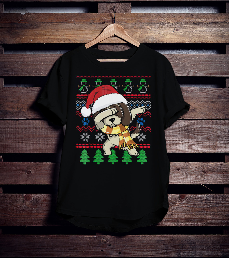 Shih Tzu Dabbing UglyStyle Christmas Santa Hat Scarf Snowflakes Trees T-Shirt