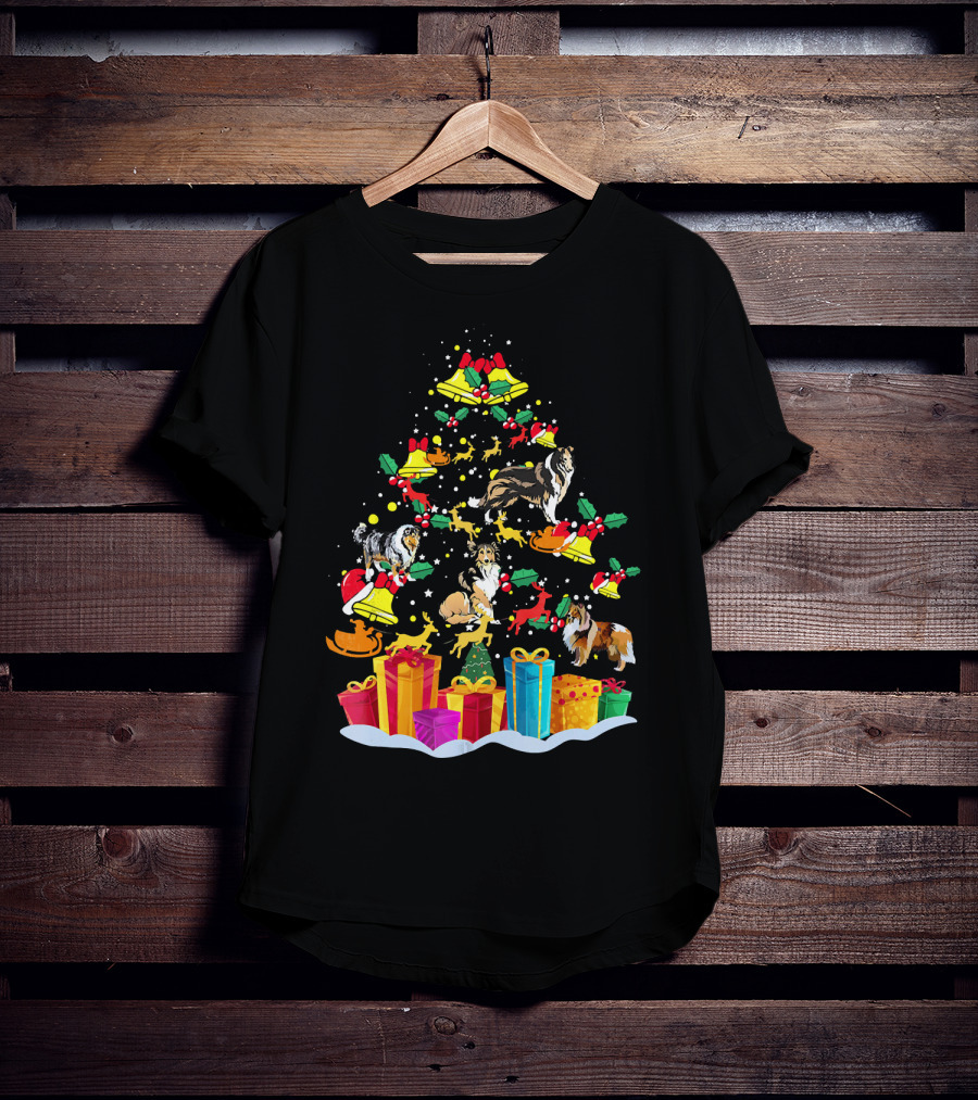 Rough Collie Christmas Tree Funny Reindeer Presents Holiday Bells T-Shirt