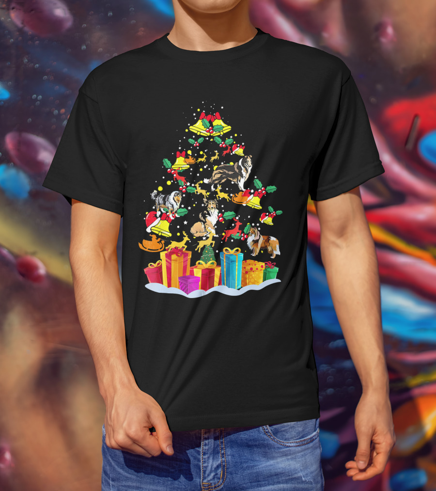 Rough Collie Christmas Tree Funny Reindeer Presents Holiday Bells T-Shirt