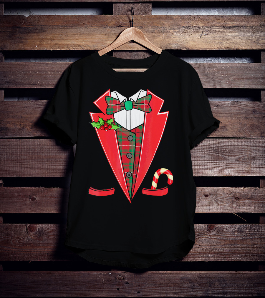 Tux Christmas Fancy Xmas Costume Red Suit Bow Candy Cane T-Shirt