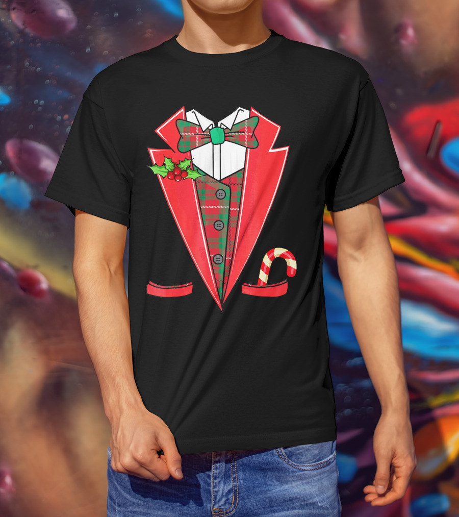 Tux Christmas Fancy Xmas Costume Red Suit Bow Candy Cane T-Shirt