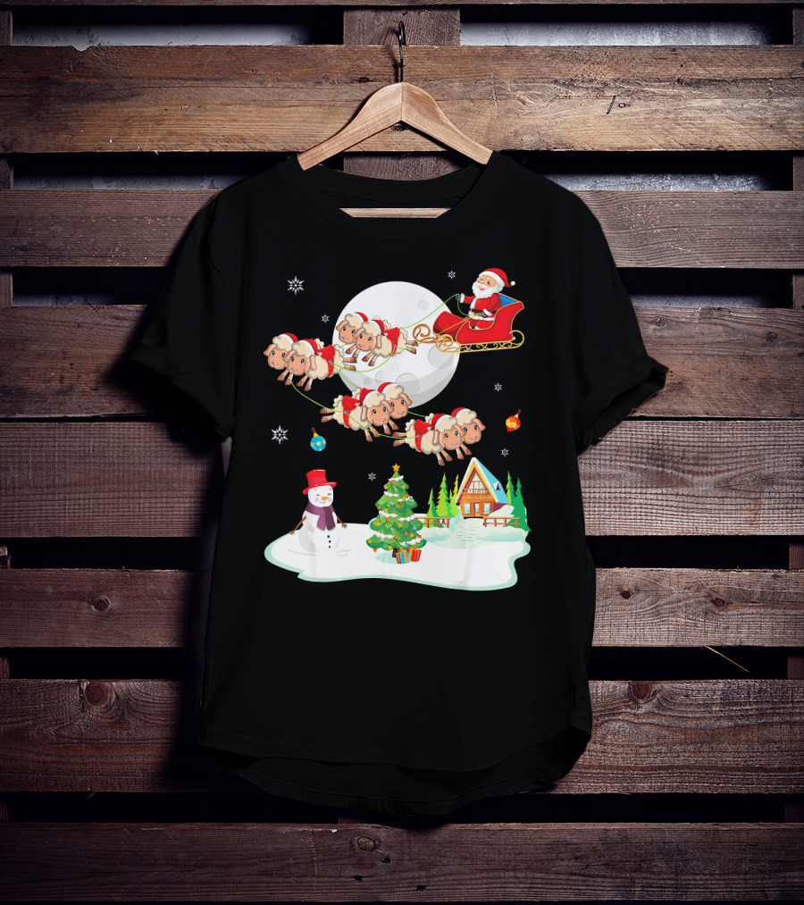 Santa Noel With Dancing Snowman And Sheep Sleigh By Moon T-Shirt