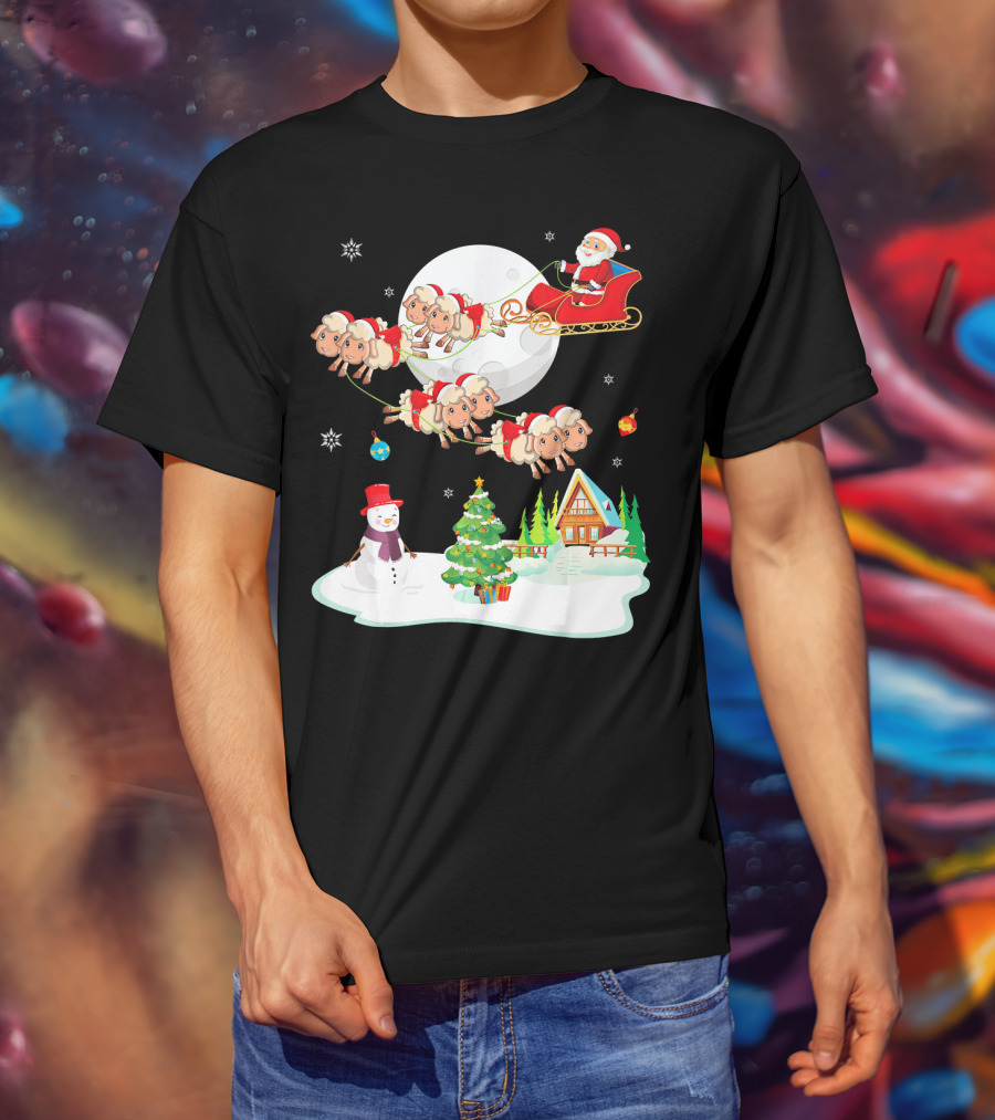Santa Noel With Dancing Snowman And Sheep Sleigh By Moon T-Shirt