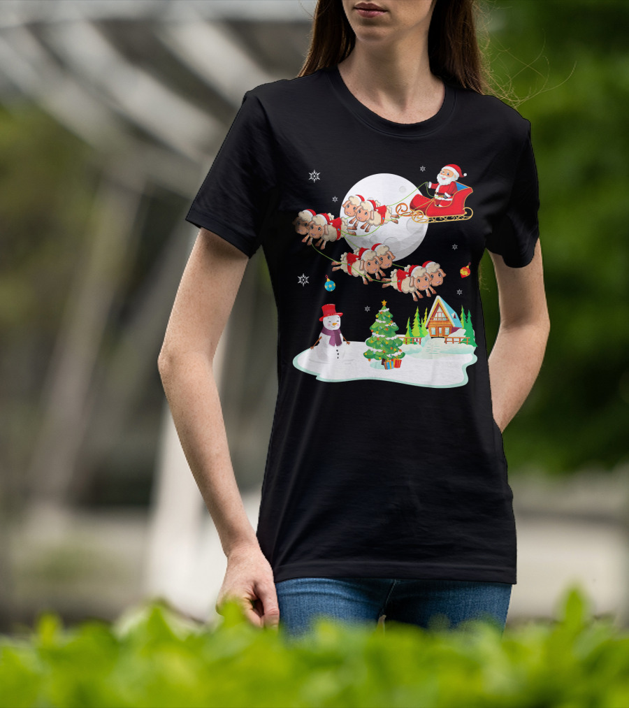 Santa Noel With Dancing Snowman And Sheep Sleigh By Moon T-Shirt