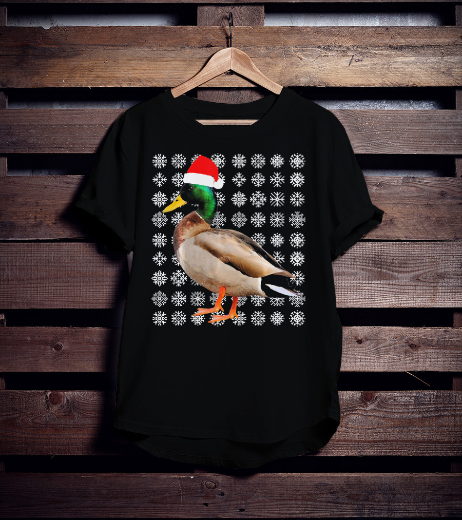 Mallard Duck In Santa Hat With Snowflake Pattern Background T-Shirt