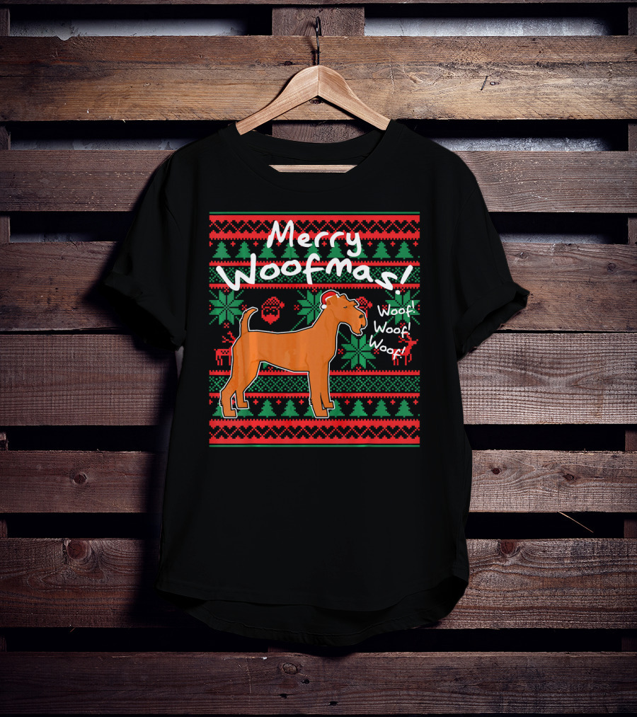 Merry Woofmas Irish Terrier Dog Woof Woof Santas Hat Fair Isle Pattern Sweater Holiday T-Shirt