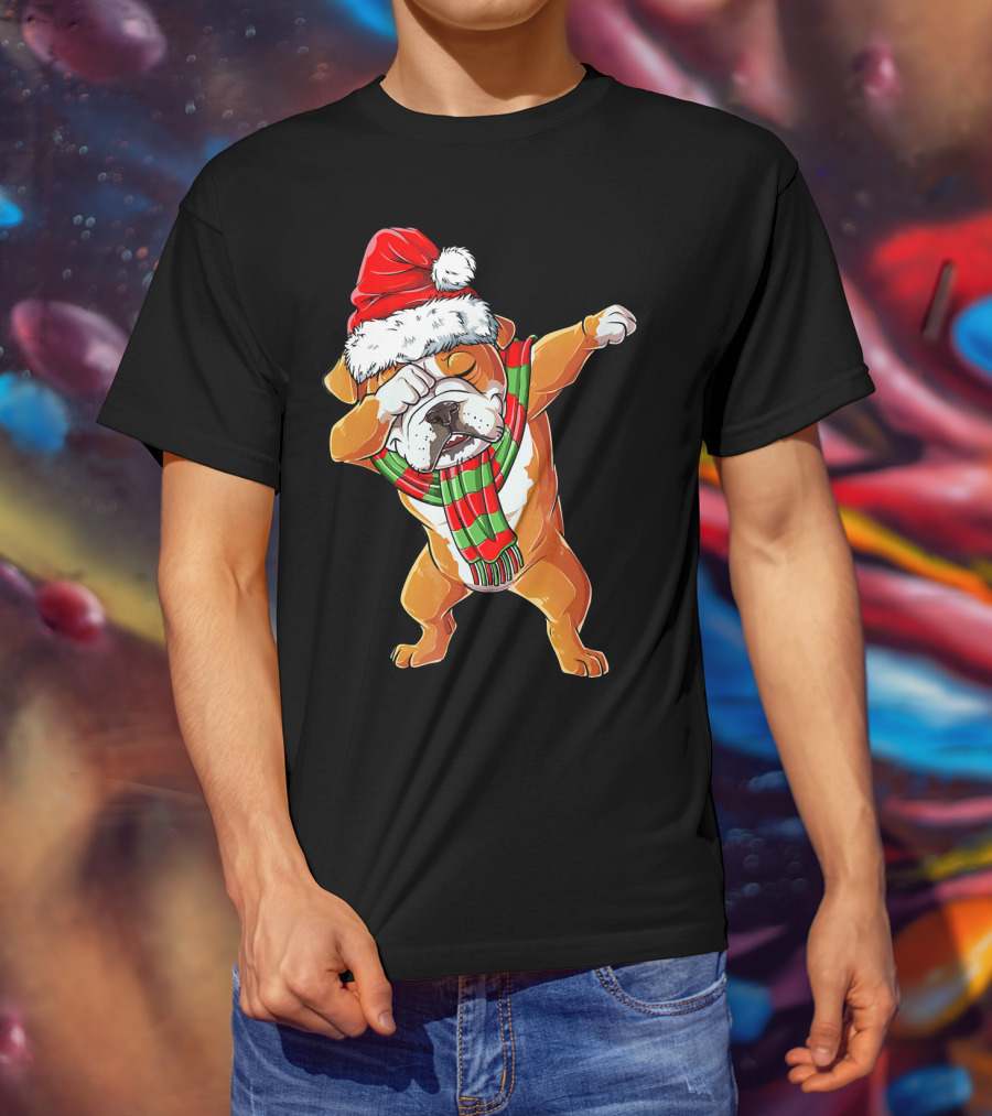 Dabbing English Bulldog Santa Claus With Christmas Hat And Scarf T-Shirt