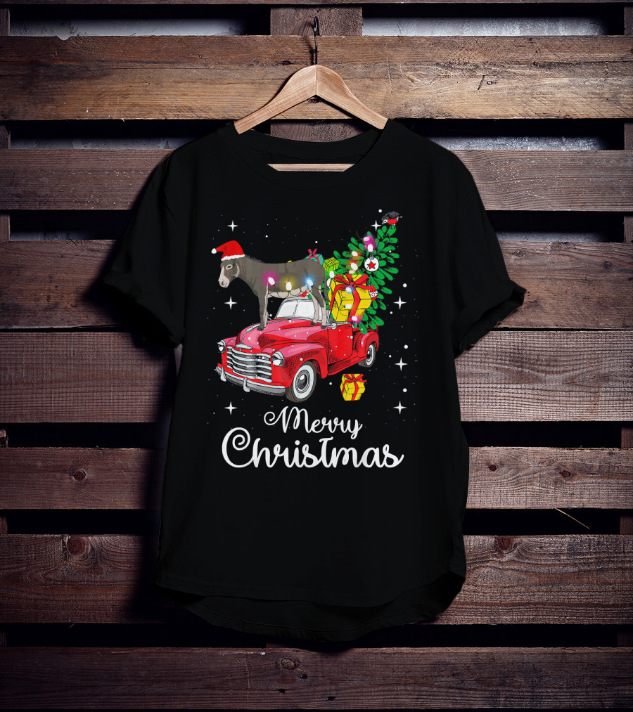 Merry Christmas Donkey Rides Red Truck With Santa Hat And Presents T-Shirt