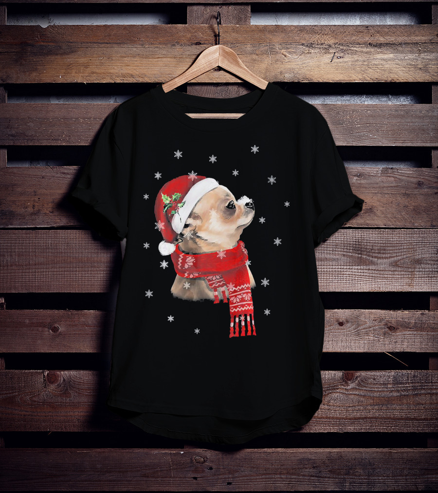 Chihuahua Christmas Cute Chihuahua Lover Festive Santa Hat And Scarf Snowflakes T-Shirt