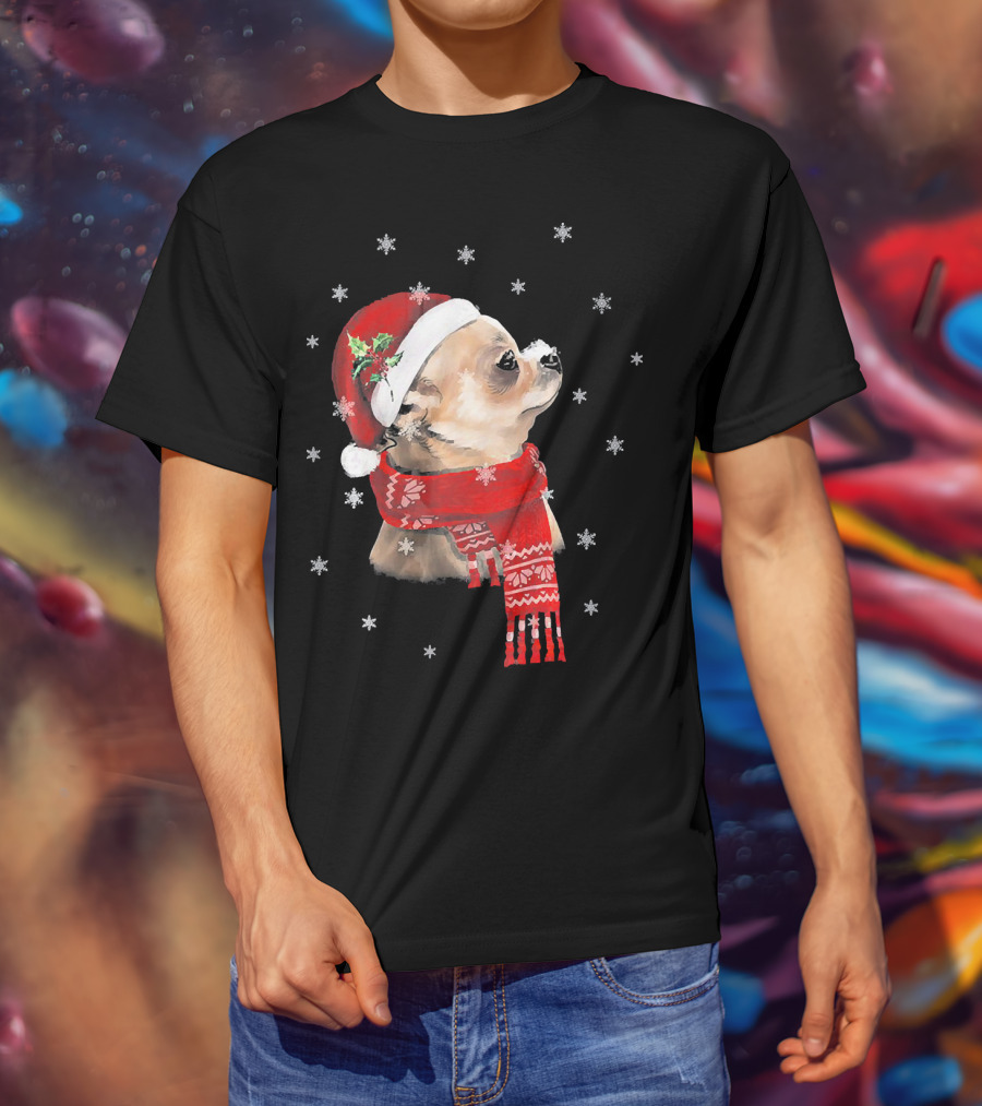 Chihuahua Christmas Cute Chihuahua Lover Festive Santa Hat And Scarf Snowflakes T-Shirt