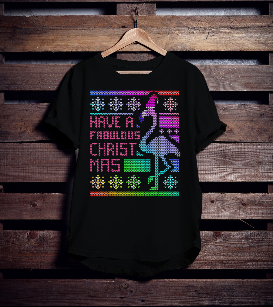 Have A Fabulous Christmas Flamingo Ugly Christmas Rainbow T-Shirt